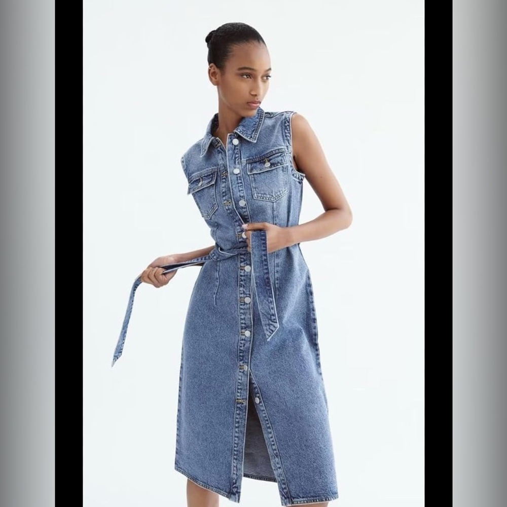 Zara Blue Sleeveless Denim Midi Dress